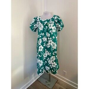VTG Hilo Hattie Hawaiian Midi House Dress Muumuu Floral Green Med 100% Cotton